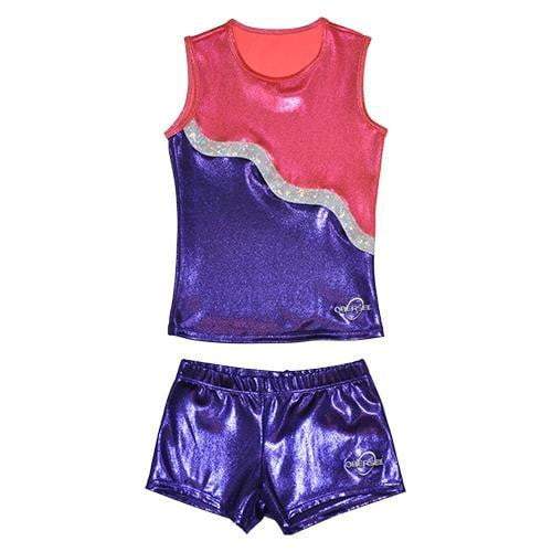 Obersee Cheer Dance Tank and Shorts Set in shiny pink purple ribbon, designed for girls' cheerleading and dance, showcasing vibrant colors and comfortable fit.